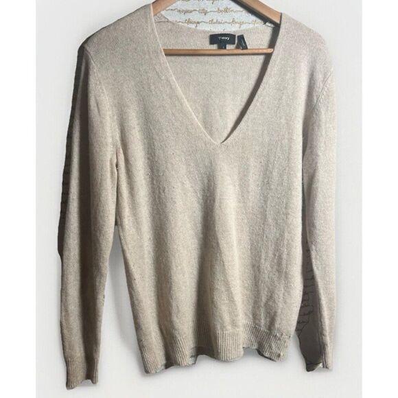 Theory Relaxed V Neck Cream Pullover 100% Cashmere Size L.     C - Picture 1 of 8